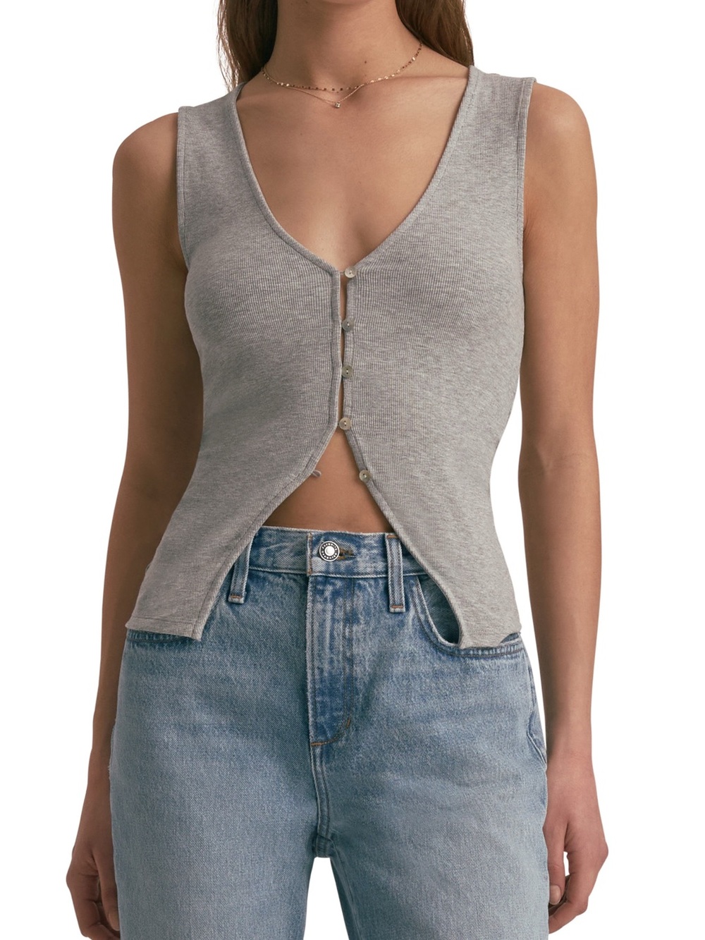 Favorite Daughter Rib Gray Sleeveless Button-Front V-Neck Top